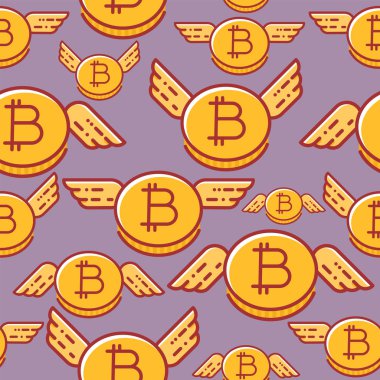 Bitcoins kanatları, sorunsuz vektör desen, düz tasarım stili ile