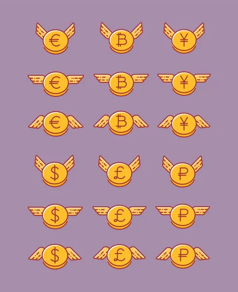 Vektor Set Mit Münzen Verschiedener Währungen Mit Flügeln — Stockvektor