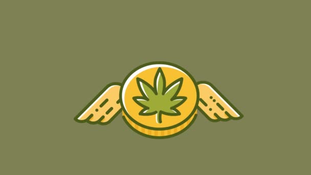 大麻コインの飛行のアニメーション フラット デザインの緑色の画面で アニメーション — ストック動画