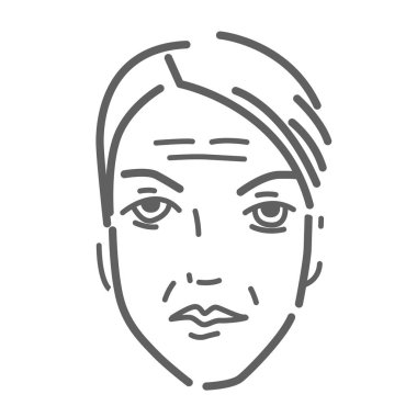 Yaşlı kadın yüzü vektör doodle simgesi beyaz, elle çizilmiş yarım yamalak stil izole