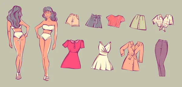 Muñeca Papel Con Diferentes Vestidos Ilustración Vectorial — Archivo Imágenes Vectoriales