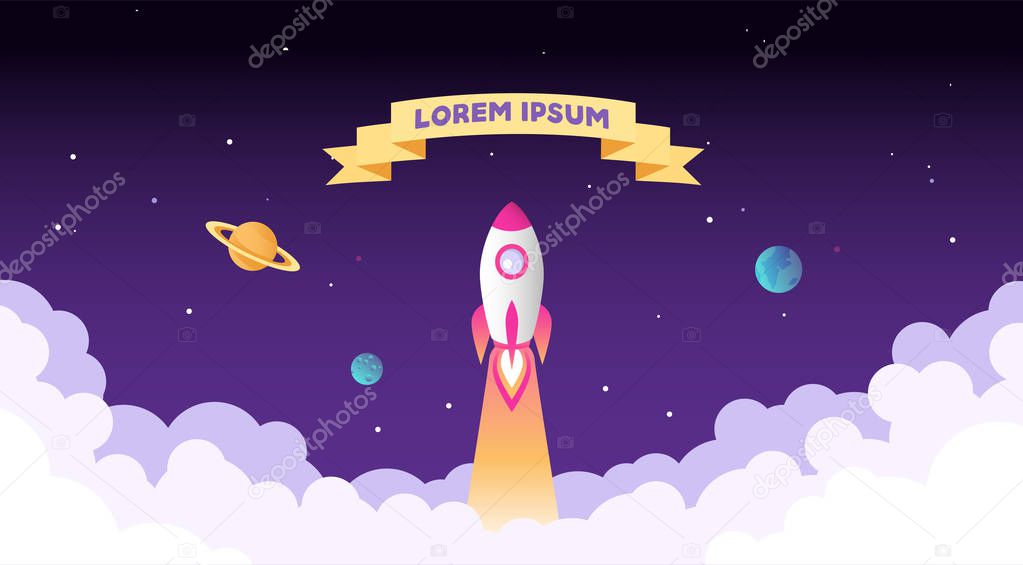 Rocket launch, cosmos view, ribbon for text. Vector illustration