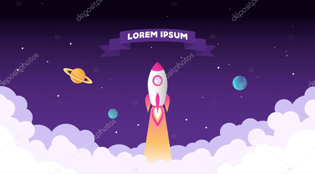 Rocket launch, planets, clouds, ribbon for text. Vector illustration