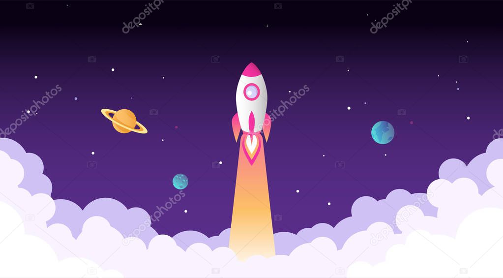 Rocket launch, planets and clouds. Vector illustration