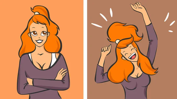 Mujer Pelirroja Joven Calma Entonces Muy Feliz Vector Ilustración — Archivo Imágenes Vectoriales