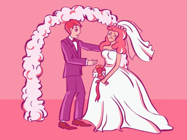 Üzgün Nişanlısı Ağlamaya Damat Onu Teselli Etmeye Çalışır Karikatür Tarzı — Stok Vektör