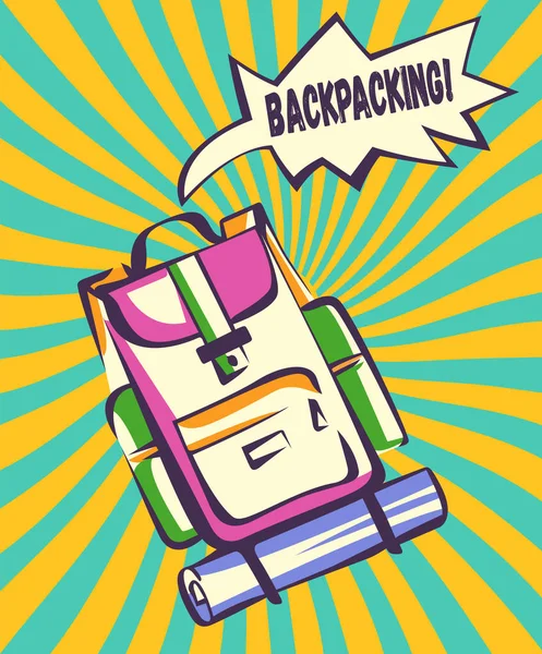 Backpacking retro illustration. Backpack with comic speech explosion and vintage colorful rays in modern pop art style. Vector image