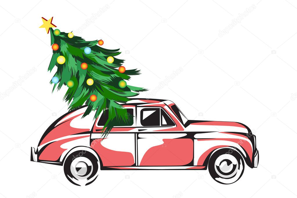 Retro Car Loaded With Christmas Tree Isolated On White