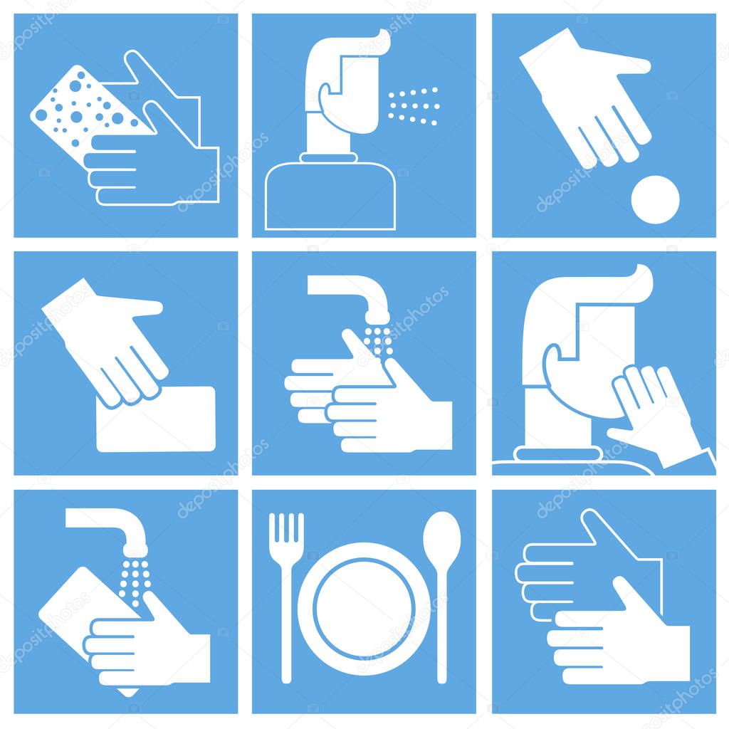 Set of hygiene related icons isolated on white. Contains such icons as washing hands, cough, wash sponge, use sponge and more.
