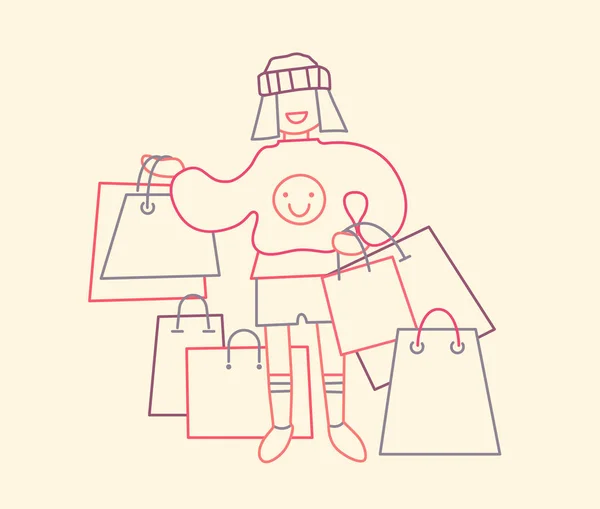 Девушка с кучей сумок с покупками. Сезонная распродажа в магазине. Тонкая линия плоская конструкция, векторная иллюстрация . — стоковый вектор