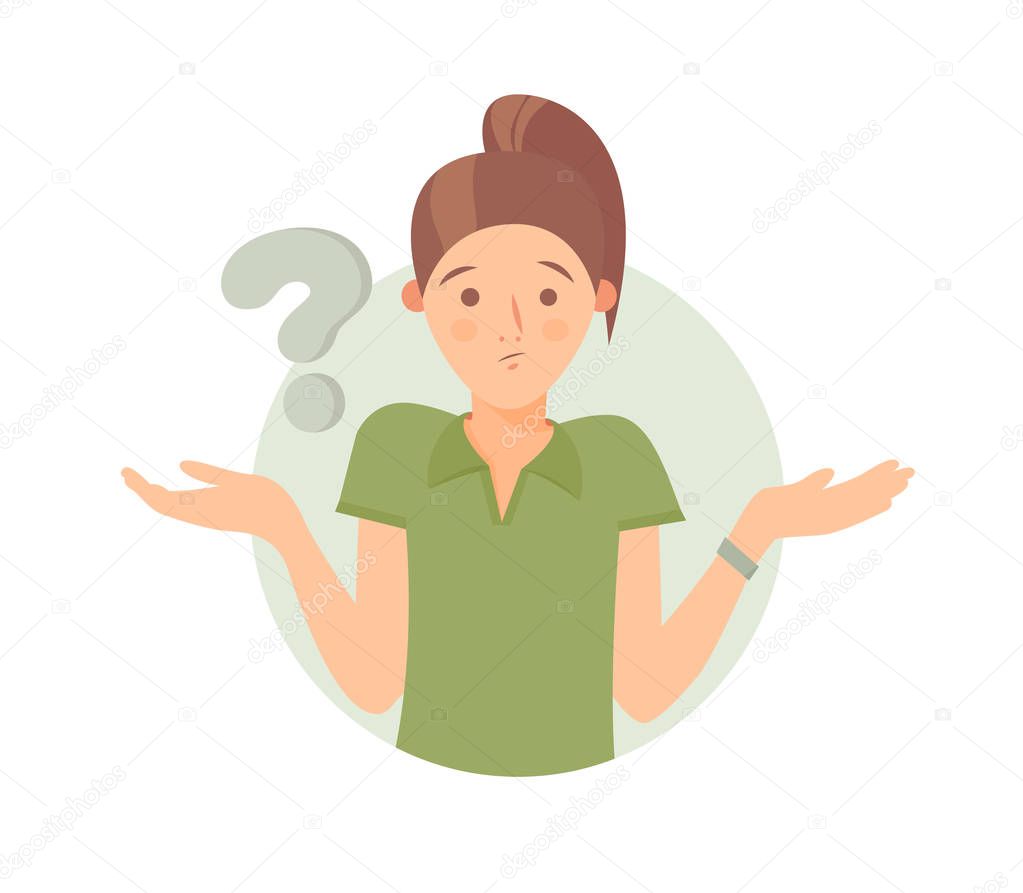 Cartoon pretty girl doubts, thinks why. Woman with question mark. Vector illustration.