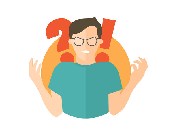 Angry man in glasses. Guy in rage. Flat design icon. Isolated illustration
