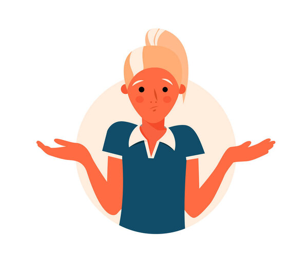 Cartoon pretty girl doubts, thinks why. Woman with question mark. Vector illustration