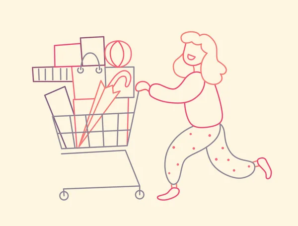 Девушка катает тележку с покупками. Сезонная распродажа в магазине. Тонкая линия плоская конструкция, векторная иллюстрация . — стоковый вектор