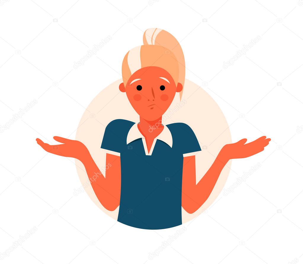 Cartoon pretty girl doubts, thinks why. Woman with question mark. Vector illustration