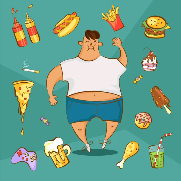 Hombre gordo y diferentes platos en estilo de dibujos animados. Concepto de adicción a la comida rápida. Nutrición poco saludable . — Foto de Stock