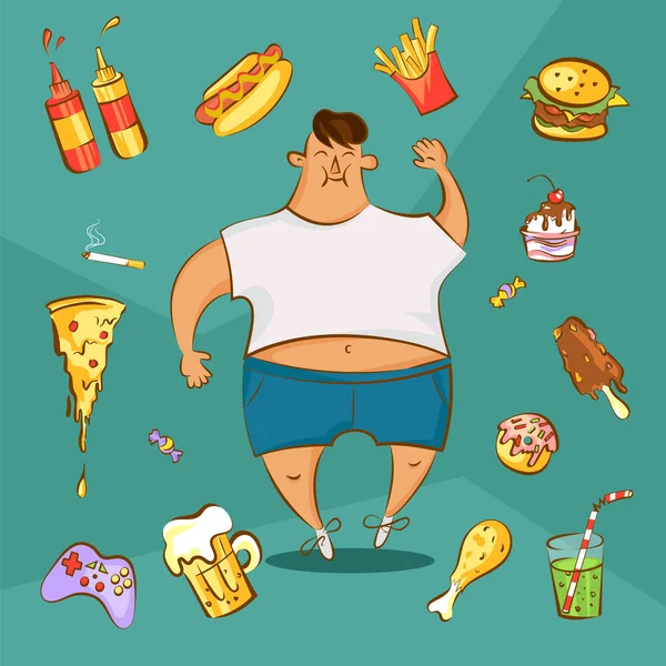 Fat man and different dishes in cartoon style. Fast food addiction concept. Unhealthy nutrition.