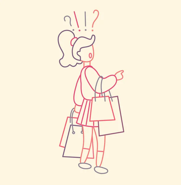 Девушка с кучей сумок с покупками и сомнениями. Сезонная распродажа в магазине. Тонкая линия плоская конструкция, векторная иллюстрация . — стоковый вектор