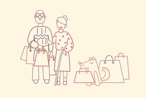 Старая пара и собака держат сумки с покупками. Сезонная распродажа в магазине. Тонкая линия плоская конструкция, векторная иллюстрация . — стоковый вектор