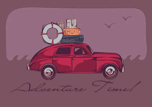 Ein roter Oldtimer mit Gepäck auf einem Dach über einer Meereslandschaft und Möwen. Retro stilisierte Illustration — Stockfoto