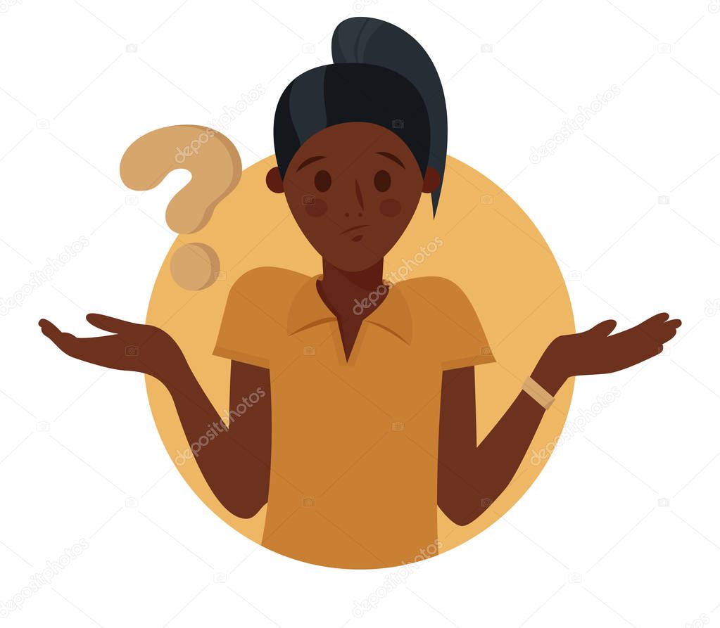 Cartoon pretty black girl doubts, thinks why. Woman with question mark. Vector illustration.
