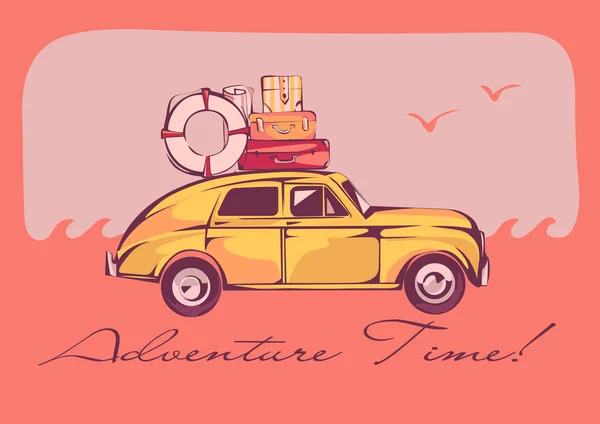 Retro car with a luggage on a top illustration