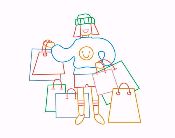 Девушка носить сумки с покупками. Продажа в магазине. Тонкая линия плоская конструкция, векторная иллюстрация в ярких цветах . — стоковый вектор