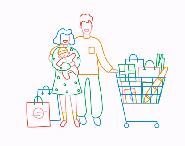 Семья с младенцем имеют покупки в магазинах. Тонкая линия плоская конструкция, векторная иллюстрация в ярких цветах . — стоковый вектор