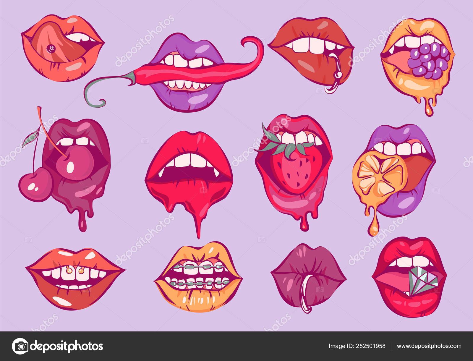 ポップアートセクシーな唇セット, 孤立したイラスト— ストック