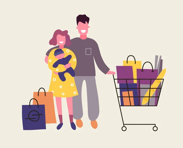 Семья с ребенком имеют покупки в магазинах. Плоский дизайн, векторная иллюстрация . — стоковый вектор