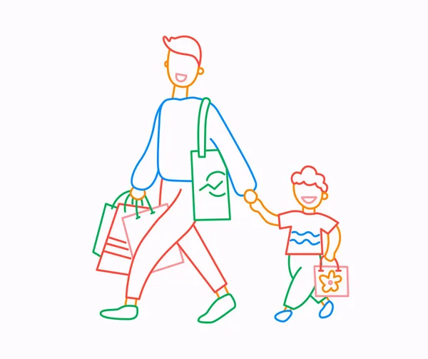 Отец с сыном или братьями делают покупки в магазинах. Тонкая линия плоская конструкция, векторная иллюстрация в ярких цветах . — стоковый вектор