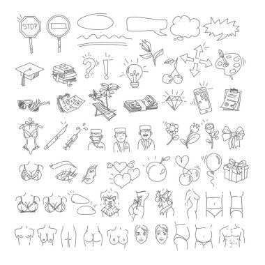 Büyük simgeler de dahil olmak üzere çeşitli temalar doodle: lüks yaşam tarzı, sağlıklı yaşam, estetik, güzellik.