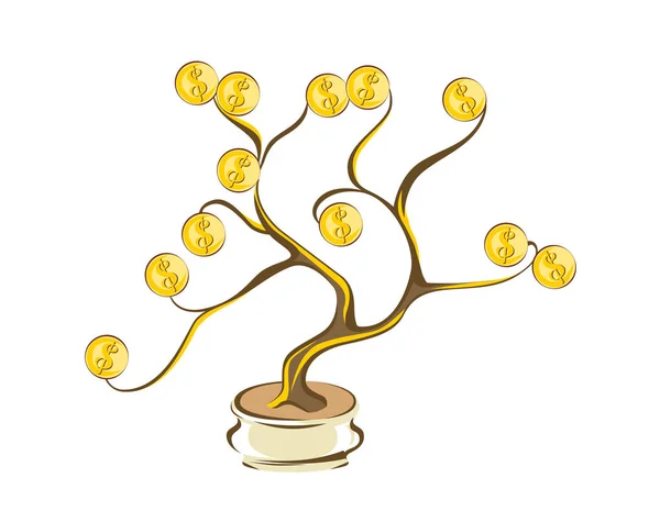 Arbre à argent avec des pièces d'or. Dollars d'or sur les branches de bois. Cartoon style, isolé sur blanc — Photo