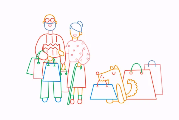 Casal velho e cão segurar sacos de compras com compras. Linha desenho animado estilo ilustração vetorial . — Vetor de Stock