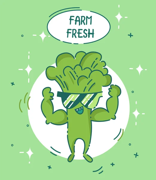 Farm fresh plakat. Człowiek, brokuły. Postać z kreskówki ładny kawaii — Zdjęcie stockowe