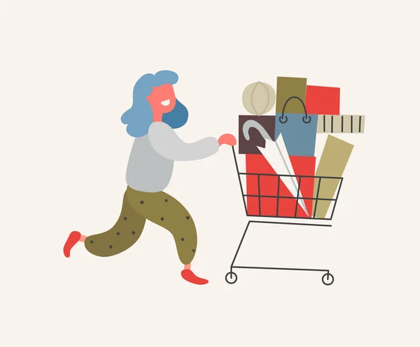 Chica rueda carrito de compras con compras. Ilustración vectorial en estilo plano de dibujos animados . — Archivo Imágenes Vectoriales