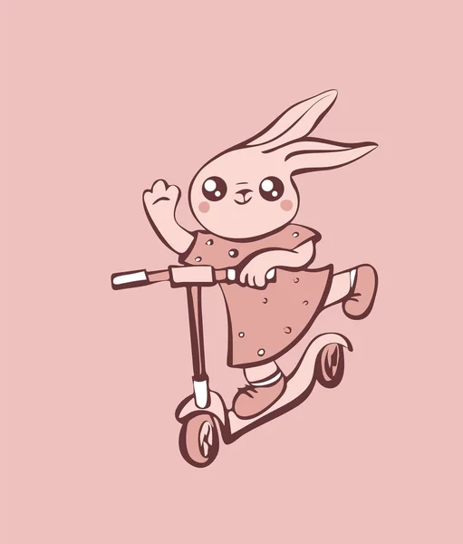 Cute cartoon rabbit in dress on scooter illustration — Stock Photo, Image