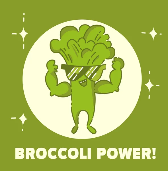 Cartaz de brócolis. Homem dos brócolos. Bonito cartoon kawaii pessoa. Design plano. Personagem de comida vegan saudável em óculos de sol . — Fotografia de Stock