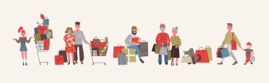 Mağazada satın alınan kişiler kümesi. Düz tasarım vektör çizimler