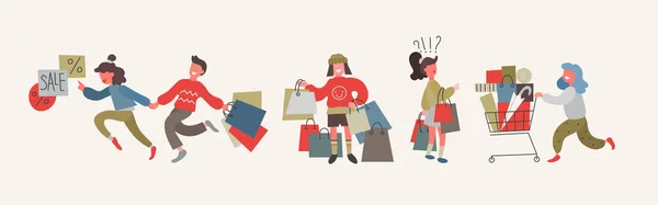Люди с покупками в магазине. Плоский дизайн, мультипликационный стиль, векторные иллюстрации — стоковый вектор