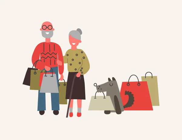 Pareja mayor en la tienda wuth bolsas de compras vector ilustración — Vector de stock