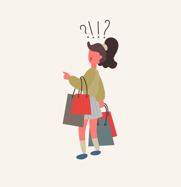 Mädchen zweifelt im Laden und hält Einkaufstüten in der Hand — Stockvektor