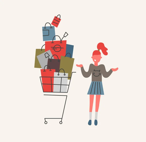 Mädchen mit Einkaufswagen voller Einkaufstüten im Geschäft — Stockvektor
