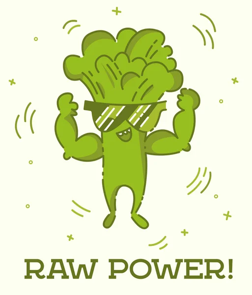 Ham güç posteri. Brokoli adamı. Sevimli kawaii karikatür kişi. Düz çizgi tasarımı. Güneş gözlüğü sağlıklı vegan gıda karakteri. Doğal ürün işareti — Stok fotoğraf