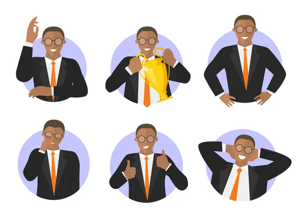 Conjunto de iconos de expresión de éxito de hombre de negocios negro — Foto de Stock