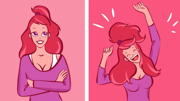ポニーテールを持つ赤毛の女性は穏やかで、その後非常に幸せなイラストを感じます — ストック写真