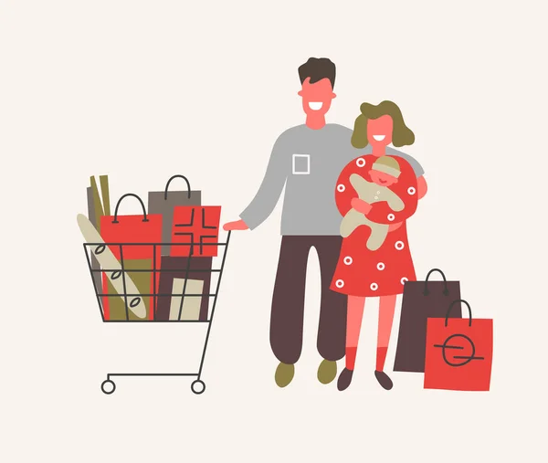 Família com bebê tem compras nas compras. Design plano, ilustração vetorial —  Vetores de Stock