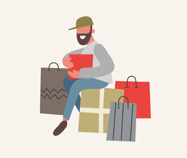 Homem barbudo e sacos de compras com compras. Venda na loja. Design plano, ilustração vetorial . —  Vetores de Stock