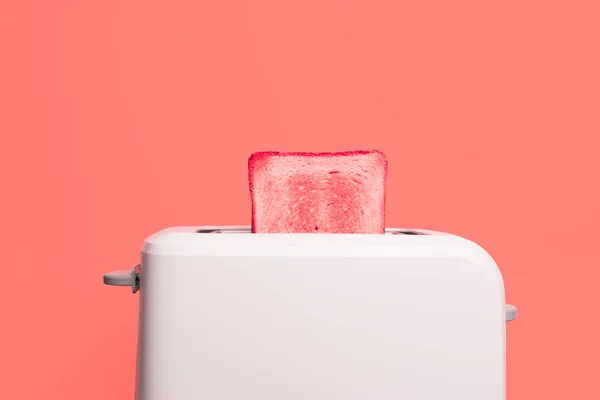 Yıl 2019 Mercan rengi yaşayan. Kahvaltı gıdaların sağlıklı Moda yaratıcı kavramı. Pembe bir arka plan üzerinde bir ekmek kızartma makinesi, tost. Degrade renk paleti.