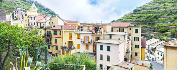 Panoramic landscape of Manarola village La Spezia Italy - one of the famous Cinque Terre villages in Italy